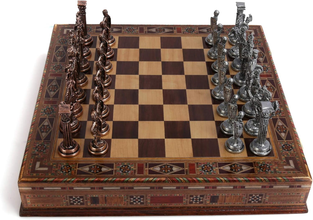 Medieval British Army Antique Copper Metal Chess Set for Adults,Handmade Pieces and Natural Solid Wooden Chess Board