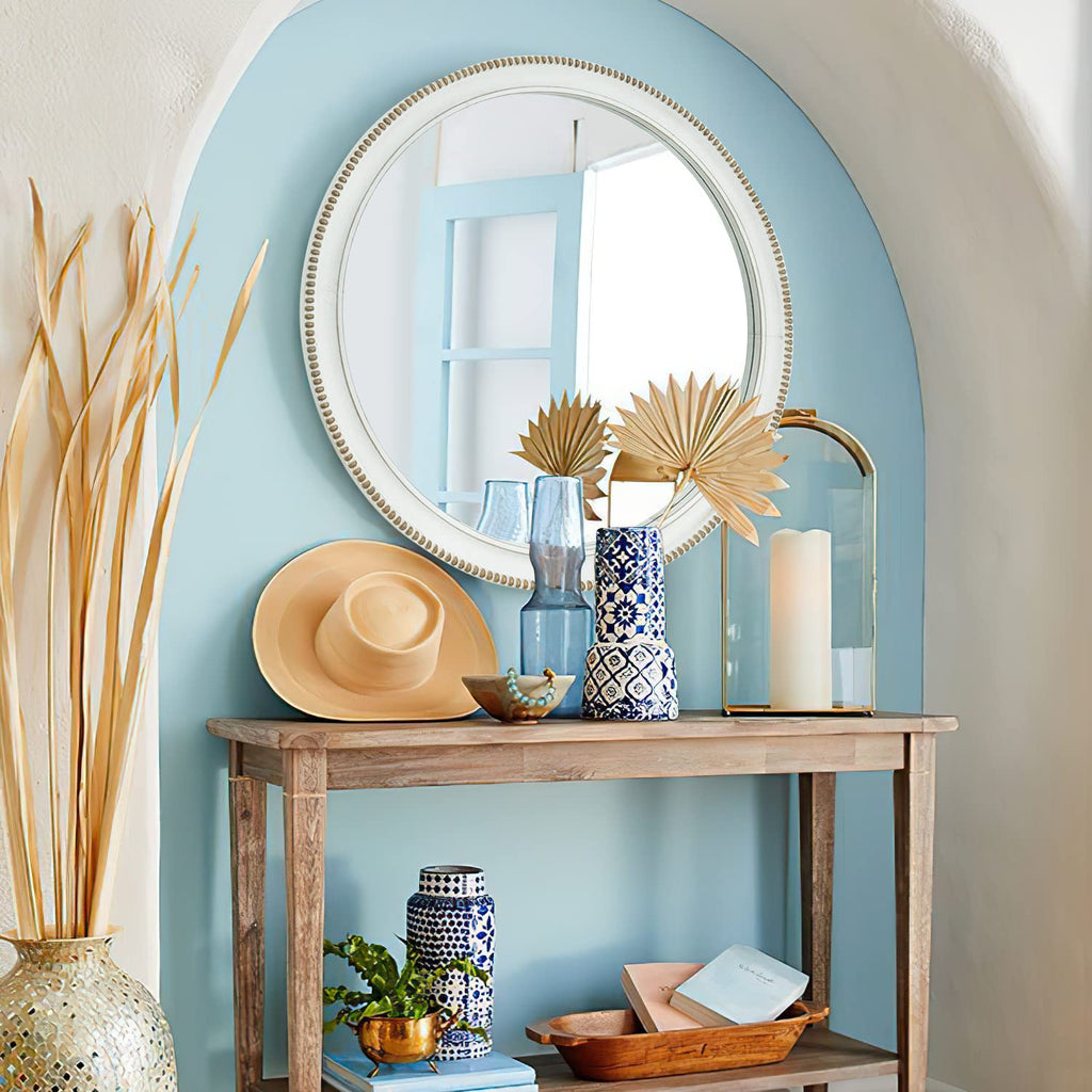 Round Wood Mirror, 28" Circle Farmhouse Vanity Boho Bathroom Wall Mirrors