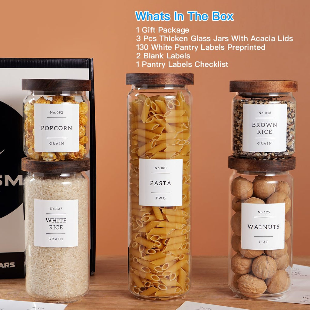 5 Set Glass Pantry Storage Jars with Acacia Airtight Lid - Thicken Glass Kitchen Canisters with 132 Pantry Labels