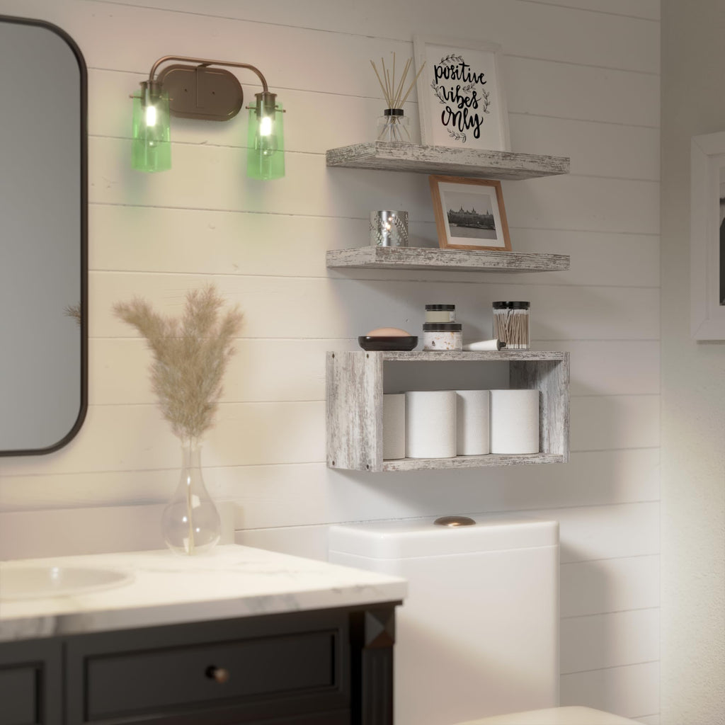 3-Set Rustic White Floating Shelf, Bathroom Shelf Over Toilet