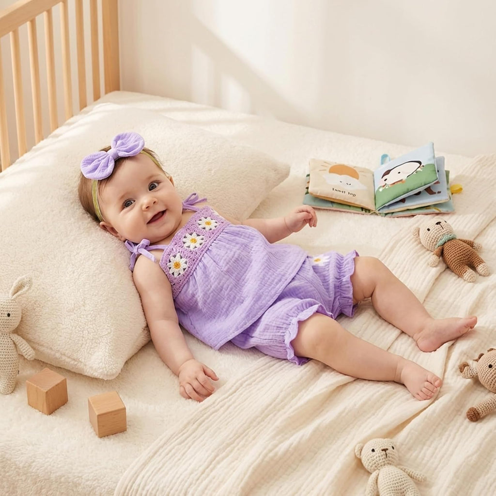 Baby Girl Summer 3 Piece Outfit Toddler Muslin Cotton Top Ruffle Bloomers Shorts Bow Headband Cute Embroidered Set