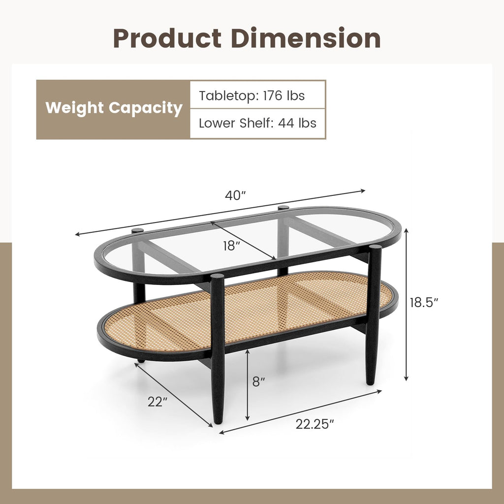 Rattan Coffee Table, 40"L Boho Oval Acacia Wood Cocktail Table with Tempered Glass Tabletop & PE Rattan Storage