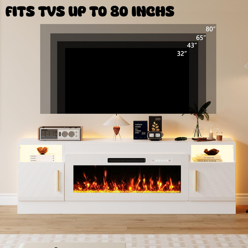 With 40'' Electric Fireplace, 70'' TV Media Entertainment Center with Fireplace Up to 80 inch, Modern LED TV Console