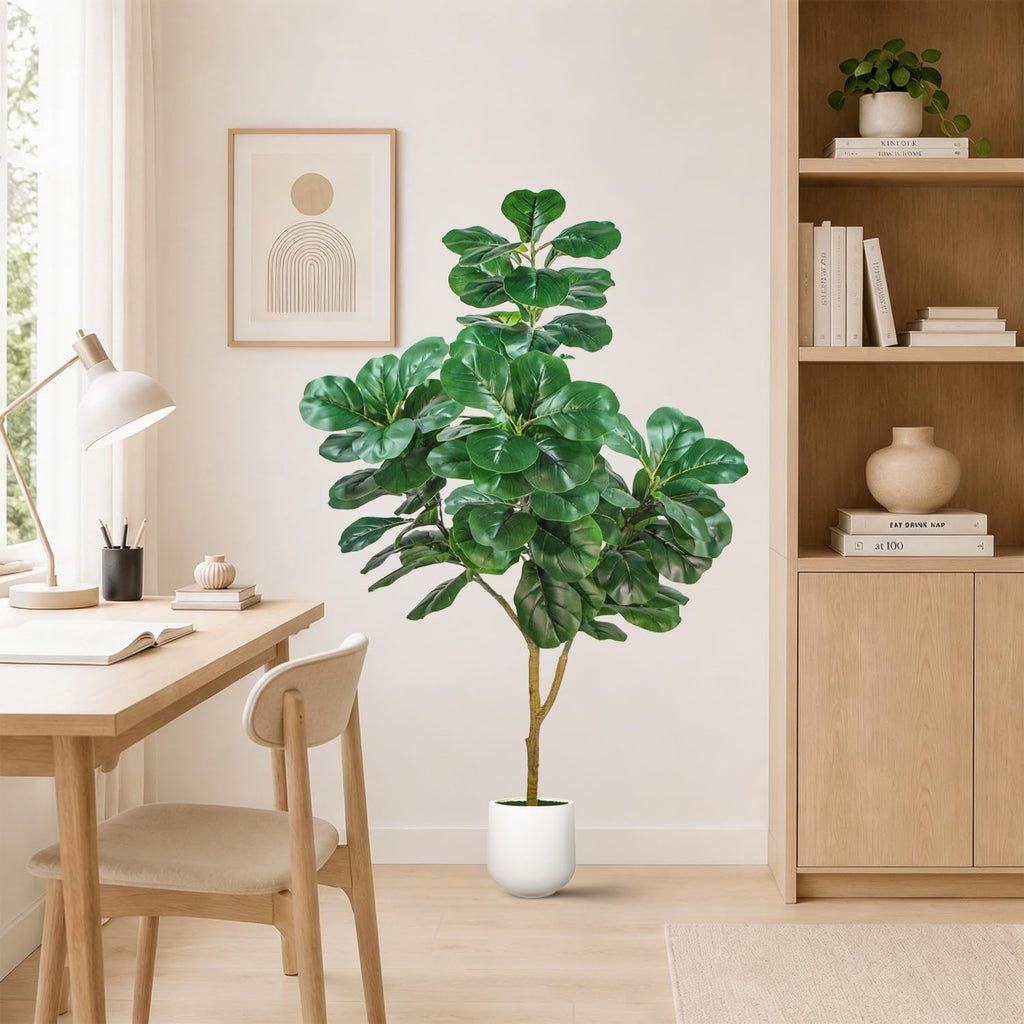 Artificial Fiddle Leaf Fig Tree, 5ft Realistic Fake Plants Faux Trees with White Planter, Artificial Plants Indoor