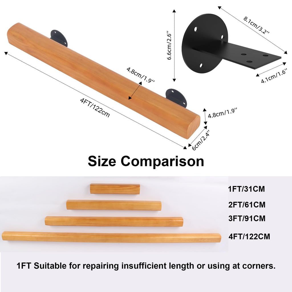 4FT Wood Stair Handrails Wall Mount, Single Piece Staircase Hand Railings