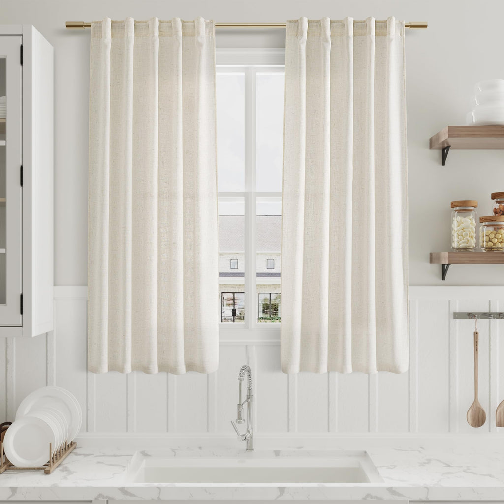 Linen Curtains 63 Inch Length 2 Panels Set for Cafe Kitchen Cream Thermal Insulated Drapes with Back Tab Light