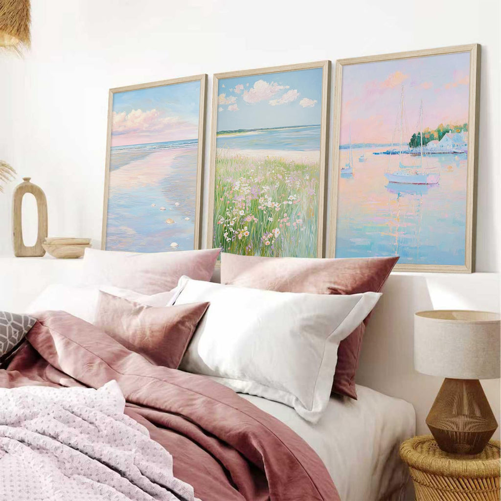 Pink Beach Wall Art Preppy Coastal Canvas Wall Decor Summer Beachy Posters Aesthetic Ocean Pictures Pastel Pink Beach