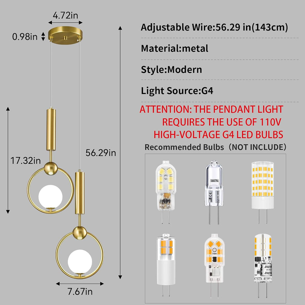 Modern Globe Glass Pendant Light fixtures 2-Light, Simplicity Gold Pendant Lighting, Mid Century Chandelier for