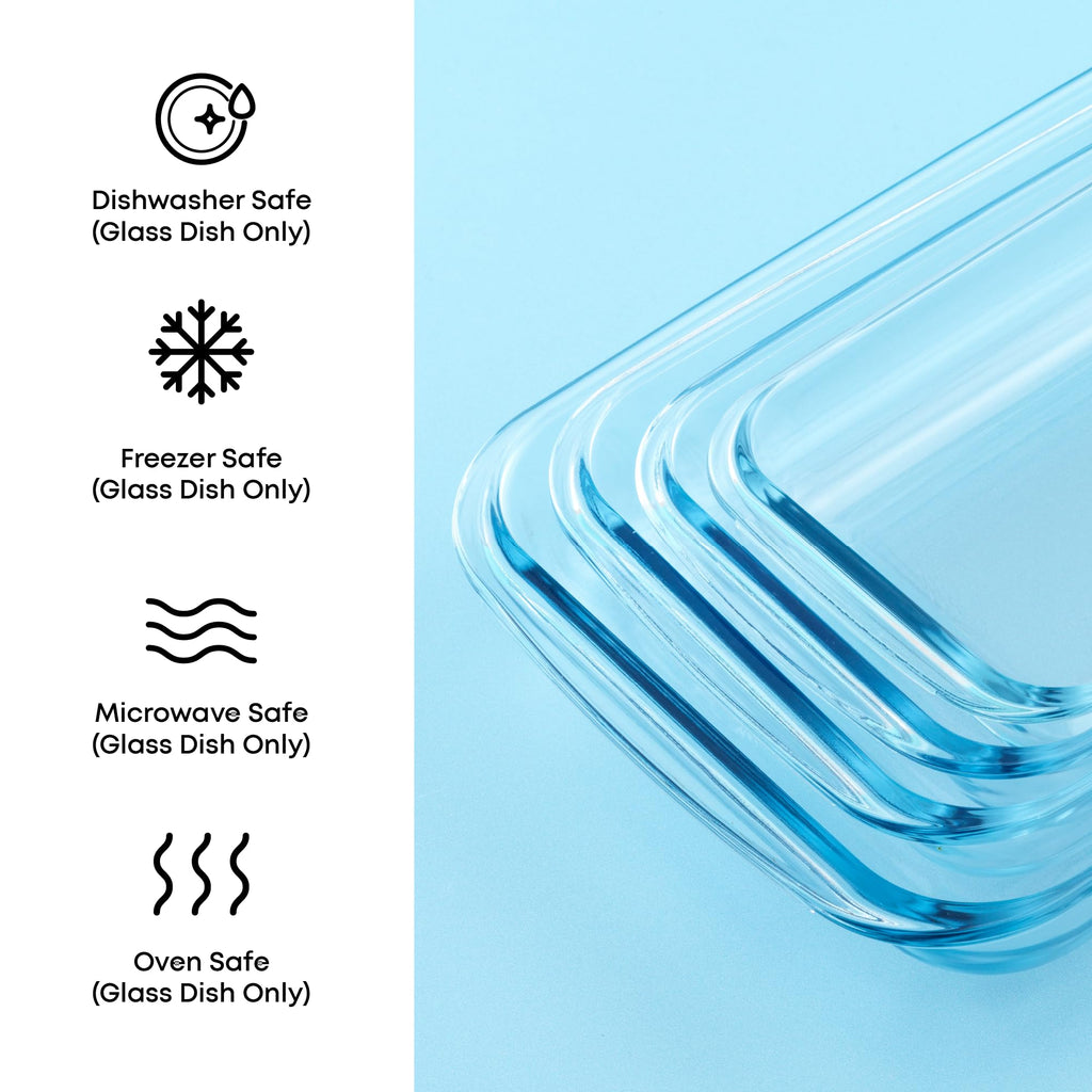 8-Piece Borosilicate Glass Oven Dishes with Powder Blue Lids, Rectangle Deep Glass Baking Dish Set, Baking Pans for