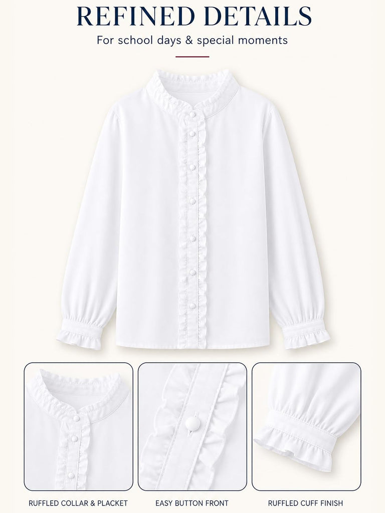 Girls White Blouse Ruffle Long Sleeve Button Down Shirt
