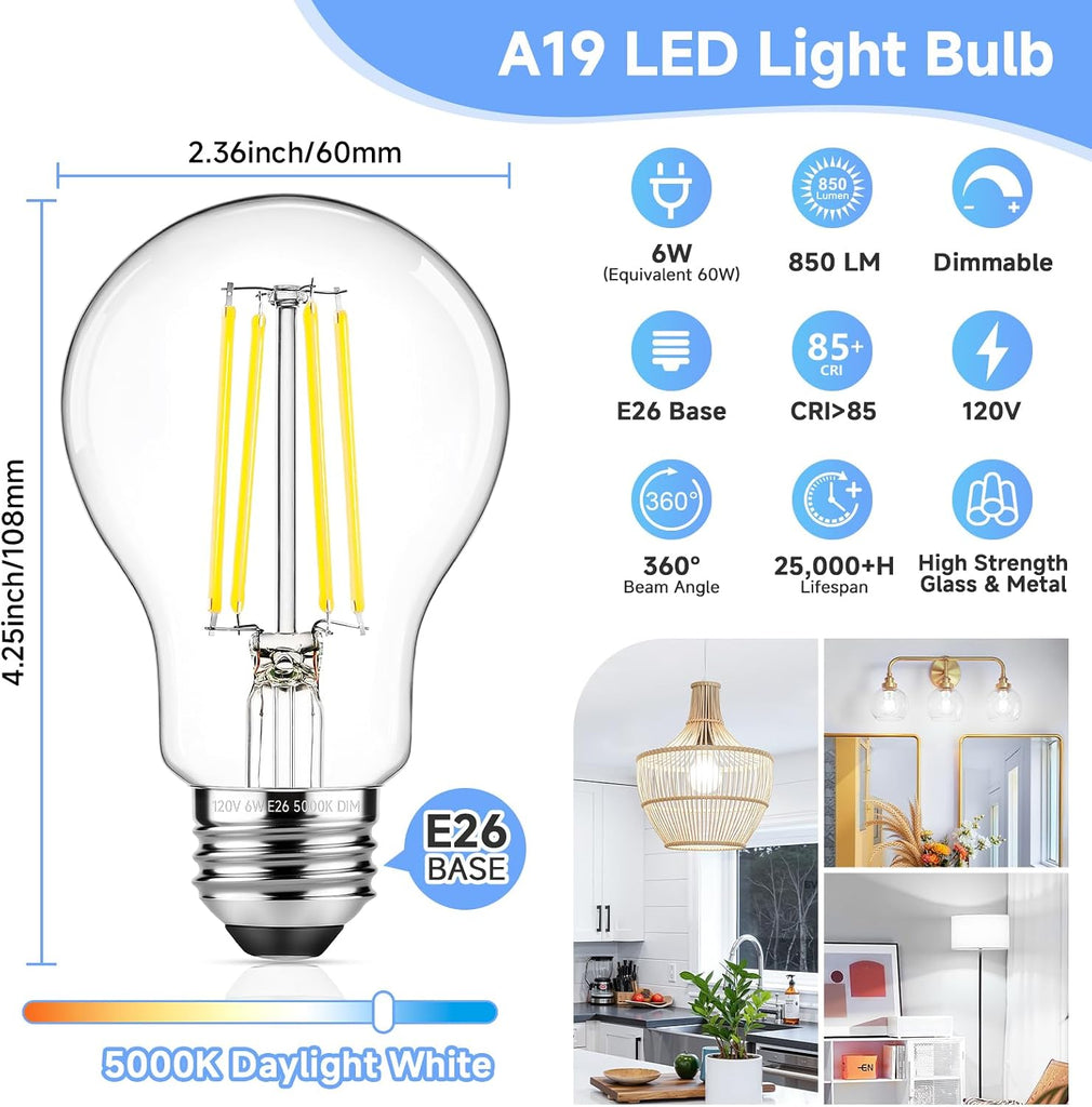 A19 Vintage LED Edison Light Bulbs 60W Equivalent, Dimmable E26 Bulb