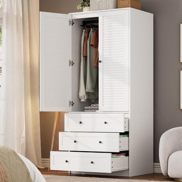 70" Wardrobe Armoire Wooden Closet with 3 Drawers, White