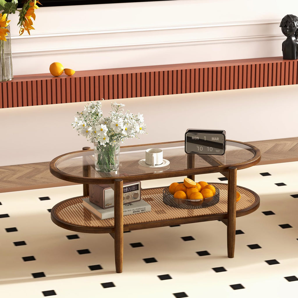 Rattan Coffee Table, 2-Tier Oval Acacia Wood Tea Table w/Tempered Glass Tabletop & PE Rattan Storage Shelf, Boho