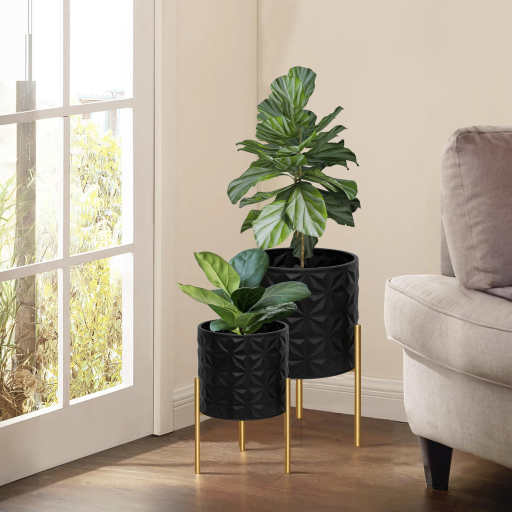 Modern Planter Pots, Set of 2 Large Planters with Stand, Decorative Planters, Metal Pots with Drainage Holes, Garden