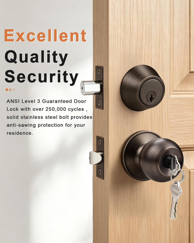 Keyed Alike Entry Knobs and Single Cylinder Deadbolt Lockset, Front Door Lock Set Exterior Door Knob with Deadbolt