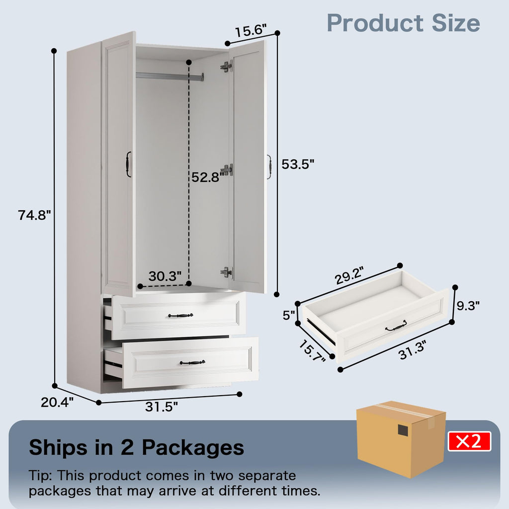White Armoire Wardrobe Closet with 4 Drawers, 75" H x 63" W Armoire