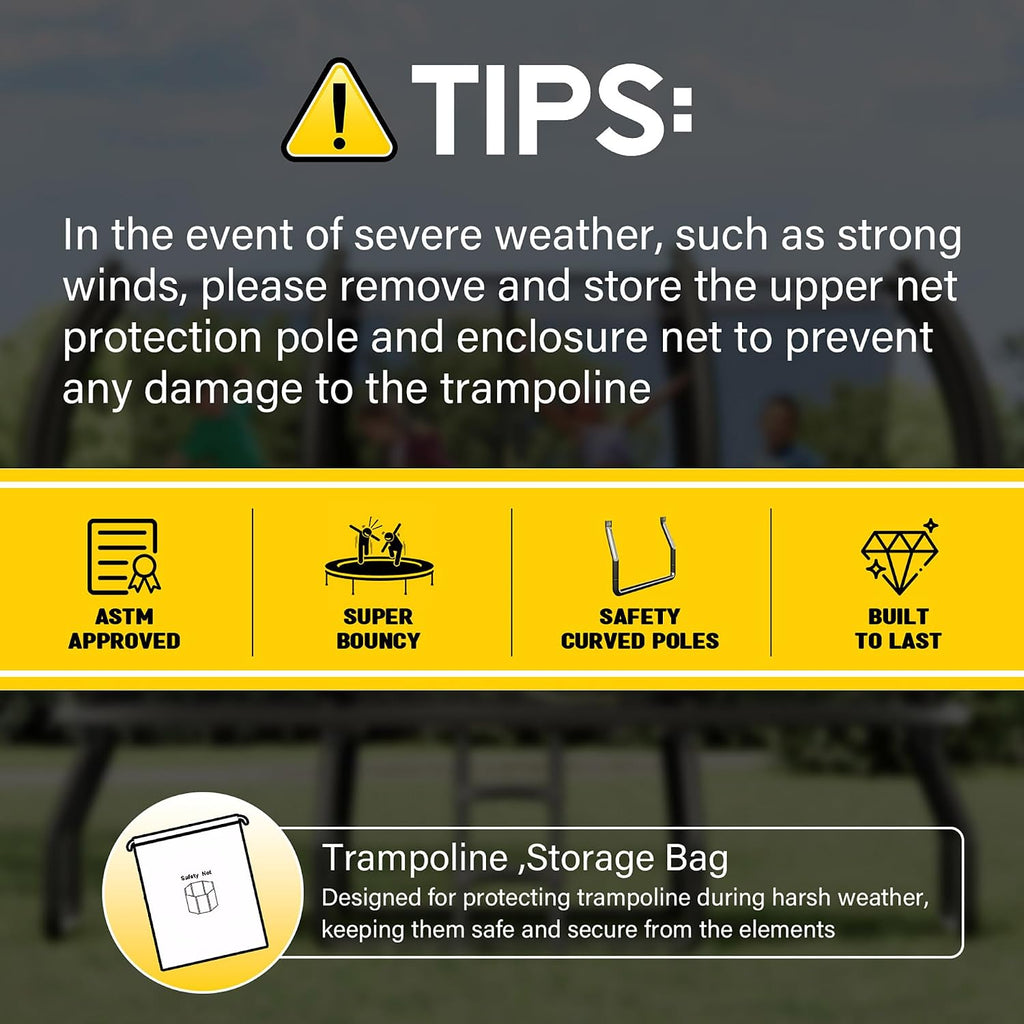 Outdoor Trampoline with Net and Ladder 8FT 10FT 12FT 14FT 16FT | ASTM Approval, Quick Connect Frame, Foam Curved