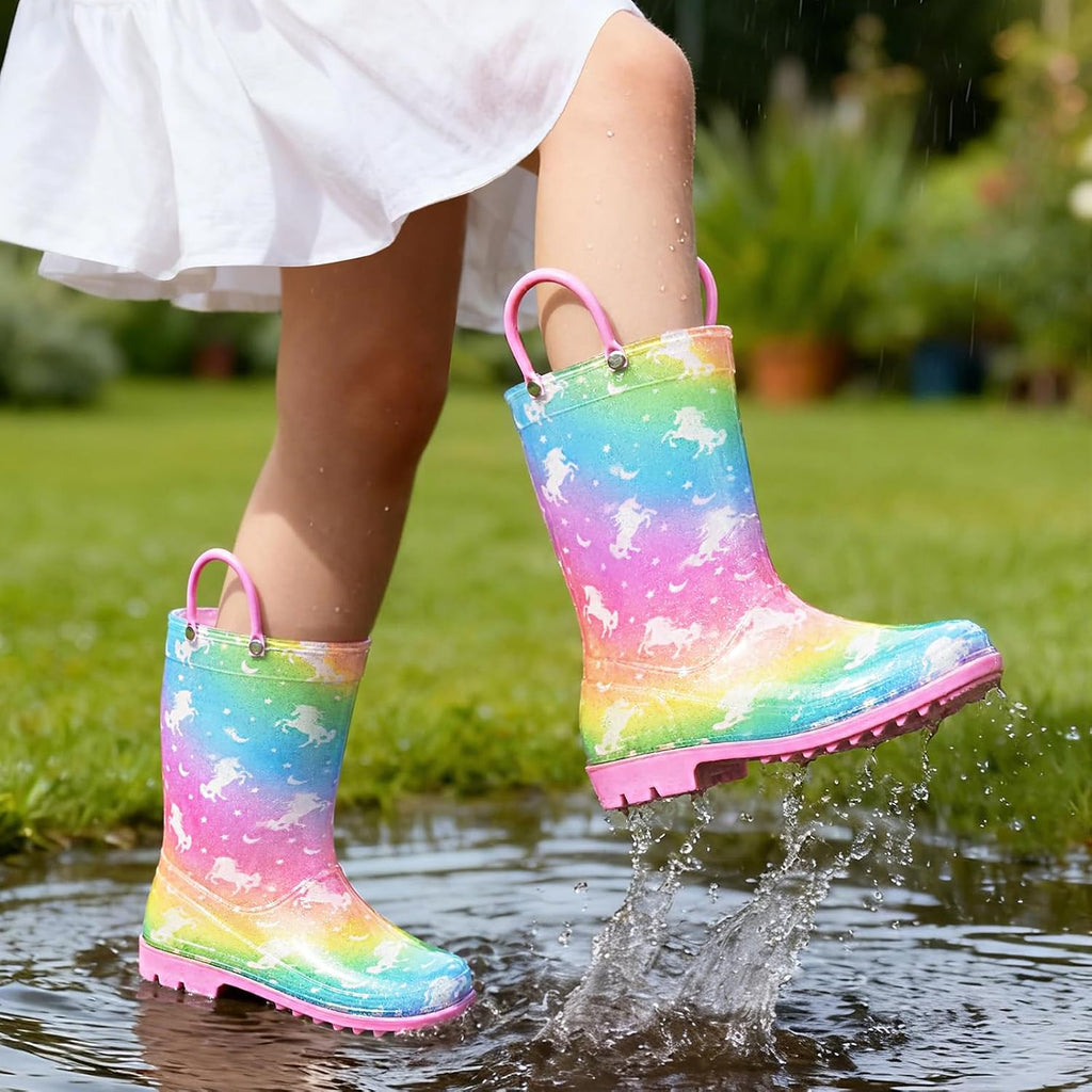 Girls Rain Boots Kids Rain Boots Rainbow Unicorn Mermaid Rainboots Toddler Glitter Waterproof Lightweight Easy-on