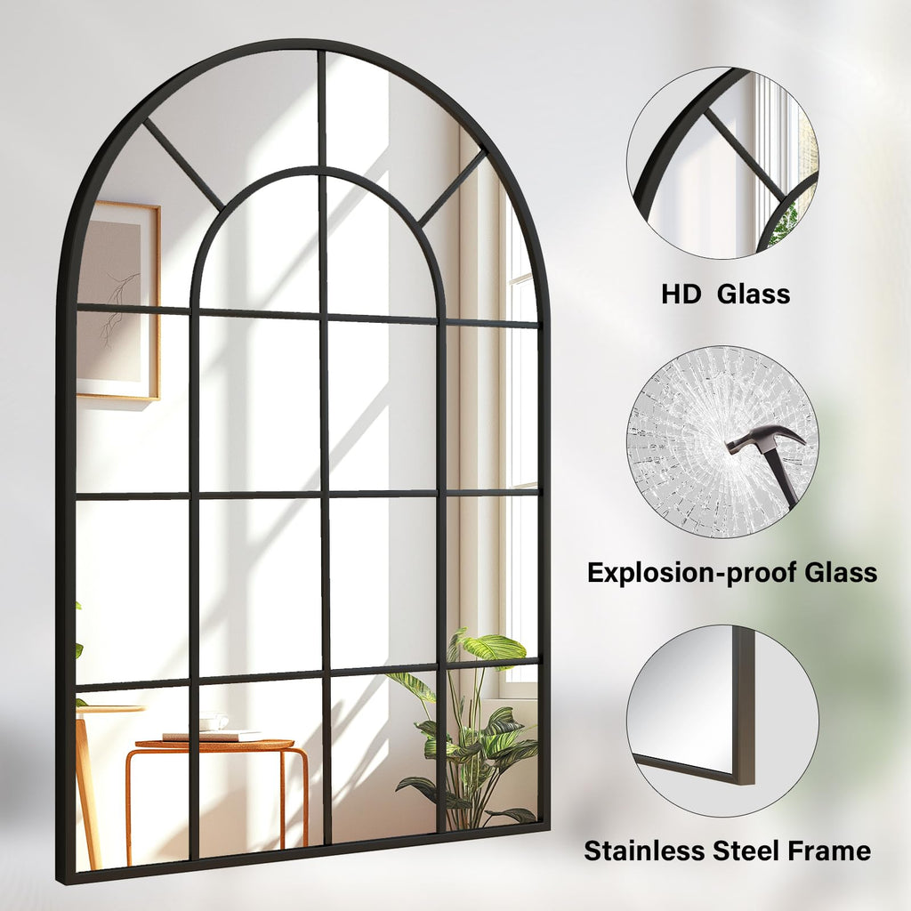 24"×36" Windowpane Arched Wall Mirror with Metal Frame, Black
