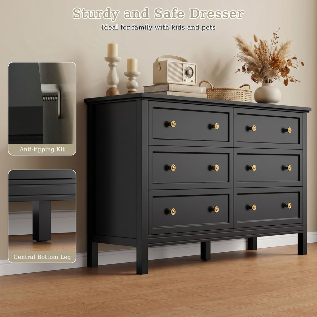 47" Black Dresser with Modern Gold Handles & 6 Drawer
