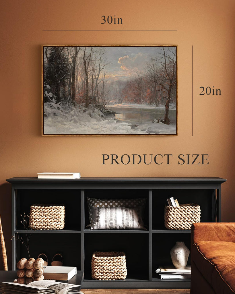 Vintage Framed Canvas Wall Art, Christmas Wall Art, Snow Straem River Tree Cloud Farmhouse Landscape Art Hanging