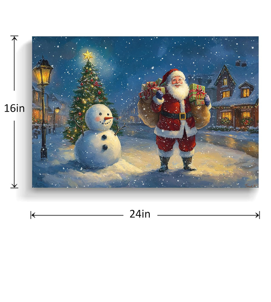 Vintage Christmas Canvas Wall Santa Claus and Snowman Painting 19th Century London New Year's Eve Street Scene Poster