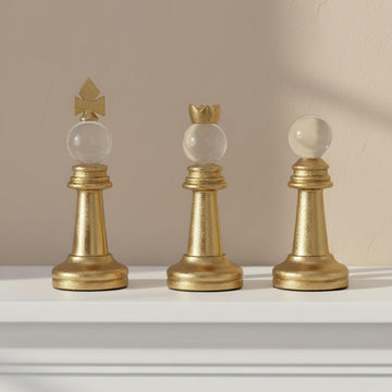 Turin Gold Chess Pieces- Metal & Glass Decorative Art with White Orb Tops and Metal Finish - Modern Home - Set of 3