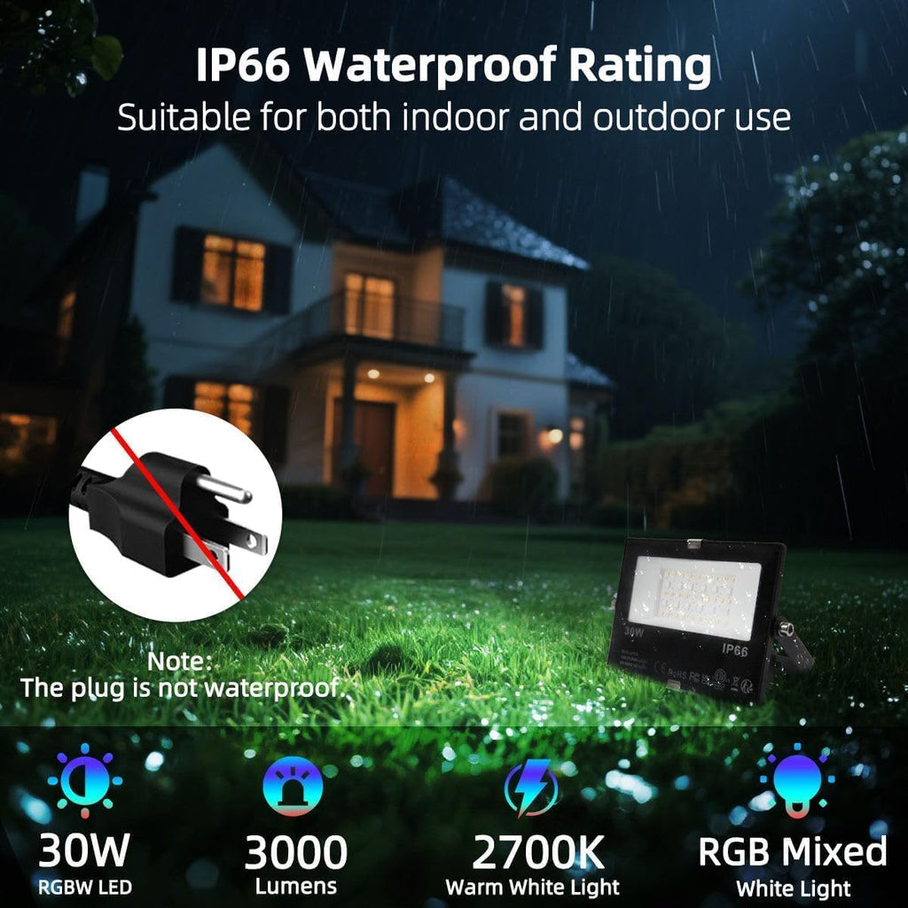 LED Flood Light 30W Outdoor RGB Color Changing, Smart Floodlights RGBW 2700K Warm White & 16 Million Colors, 20