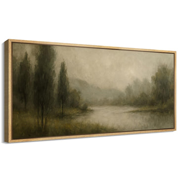 Extra Large Framed Canvas Print Wall Art Misty Forest Lake Framed Landscape Illustrations Decorative Colorful