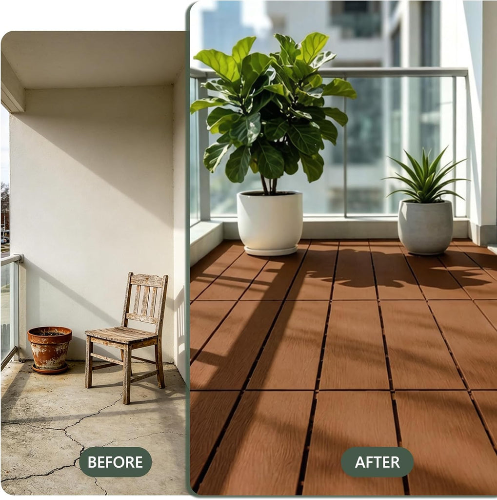 Plastic Interlocking Deck Tiles 24"x13"(6-Pack) Outdoor Patio Flooring, Waterproof All-Weather Decking for Balcony