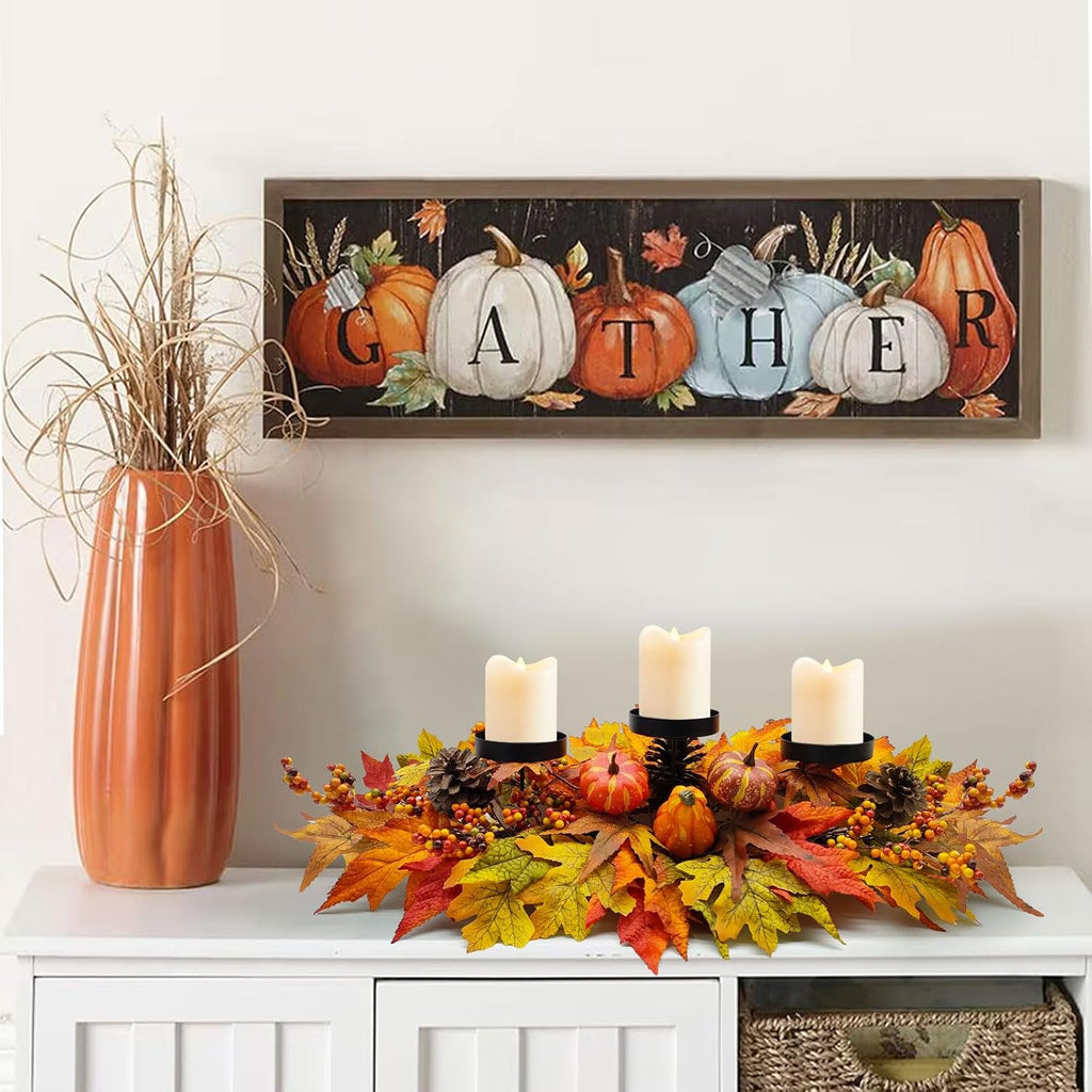 Thanksgiving Centerpiece Fall Table Decorations, Artificial Gourd, Pumpkins, Pine Cones, Maple Leaves and Berries