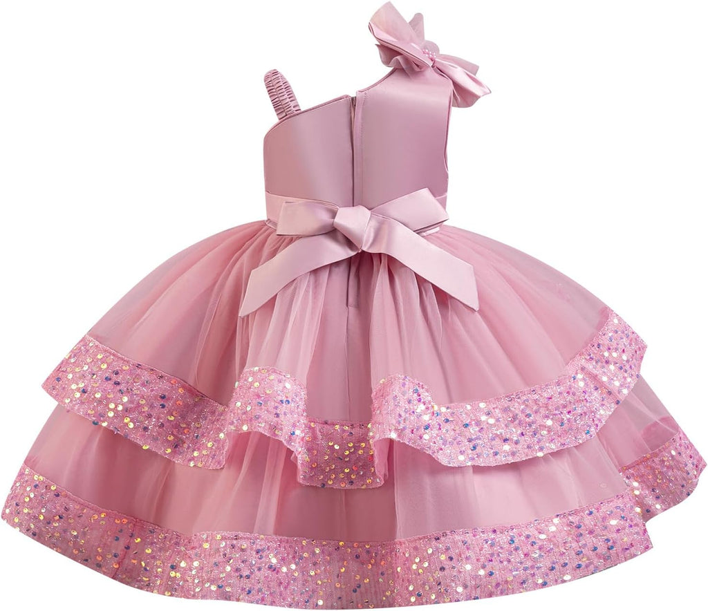 Toddler Baby Girls Pageant Dress Shiny Bow Asymmetric Shoulder Formal Birthday Party Tiered Tulle Gowns 1