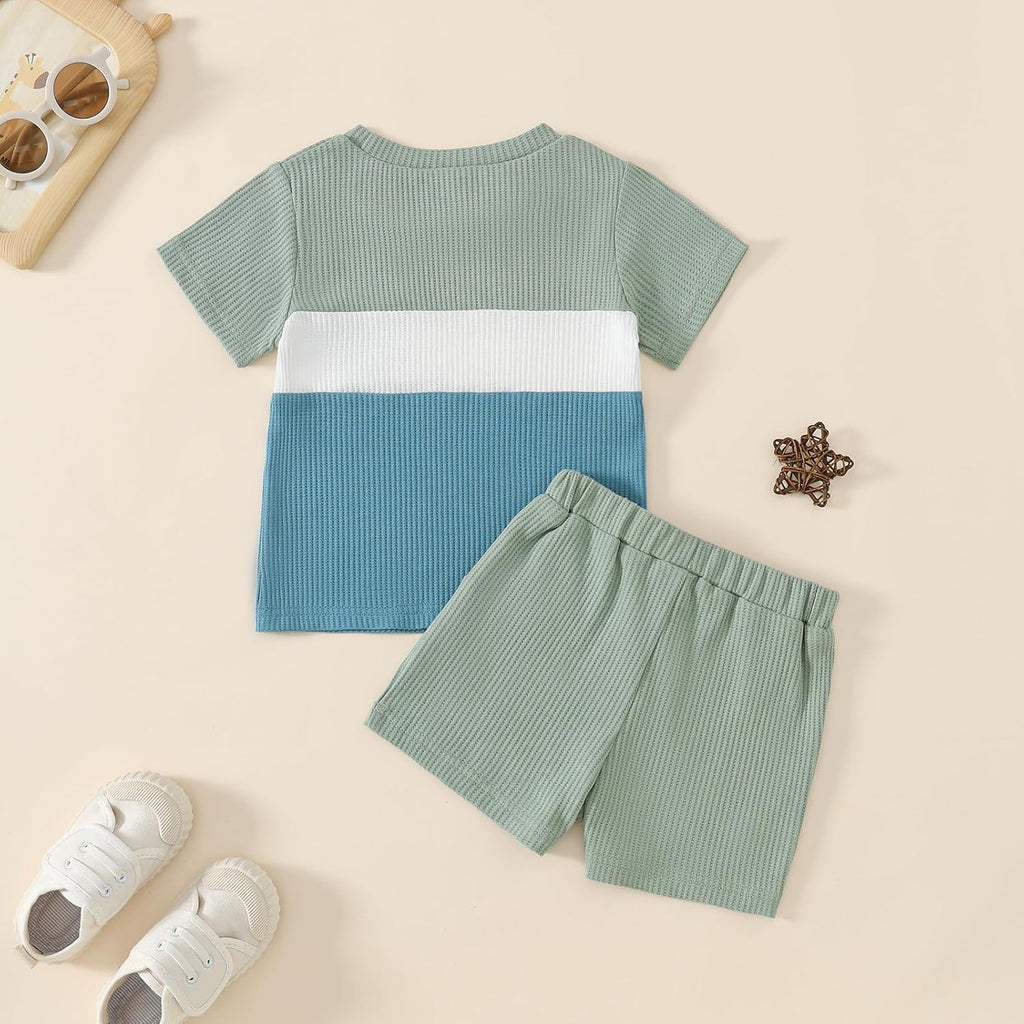 Toddler Baby Boy Summer Clothes Short Sleeve Color Block Waffle T-shirt Shorts 2pcs Outfit Set