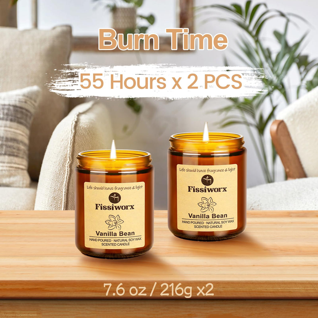 Vanilla Scented Candle Set 2 Pack, Candle Scented, Odor Eliminating, Stress Relief, 15oz, 110 Hours Long Lasting
