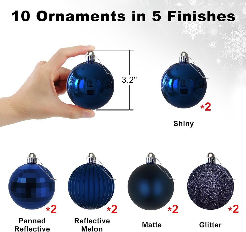 Navy Blue 3.2" Large Christmas Balls - Christmas Tree Decoration Ornaments Shatterproof Hanging Balls for Birthday - Set of 10
