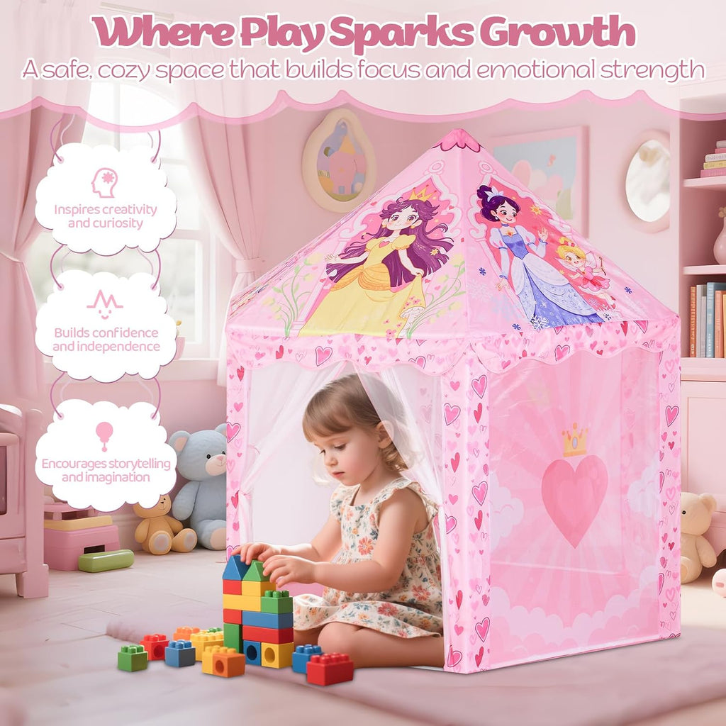 Hexagon Princess Play Tent for Girls, Large Indoor Castle Playhouse with Carrying Bag, Dreamy Reading Nook