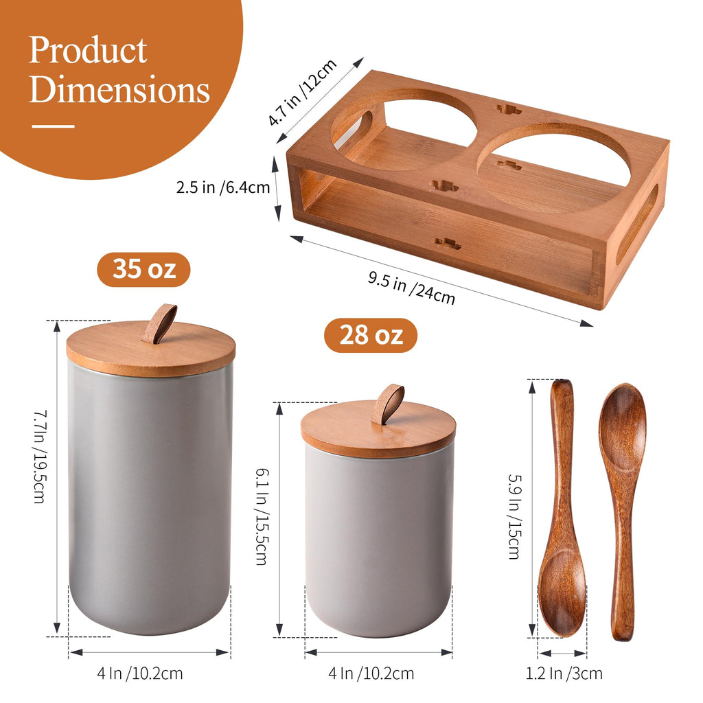 Gray Ceramic Canister Set of 2 with Bamboo Lids, Wooden Stand & Spoons - 35oz & 28oz Airtight Food Storage Jars for