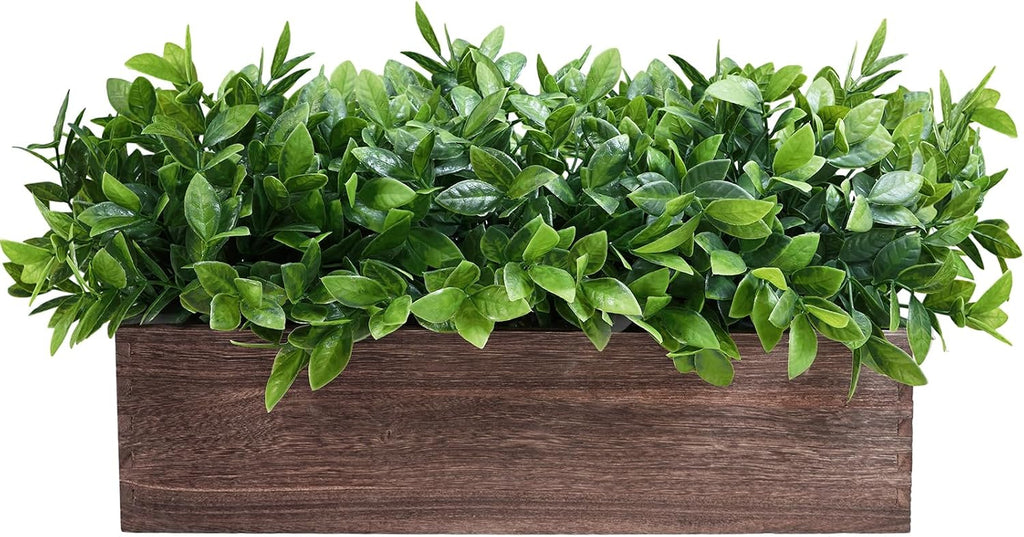 14" Artificial Boxwood Plants in Rectangular Wood Planter Farmhouse Greenery Arrangement Centerpiece Faux Potted Herb