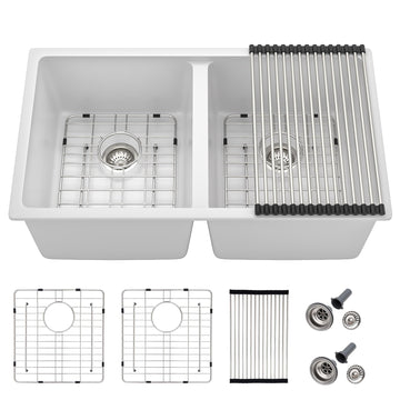 33 Granite Composite Kitchen Sink Double Bowl - 33"x19" Granite Kitchen Sink White Undermount Double Bowl 50/50