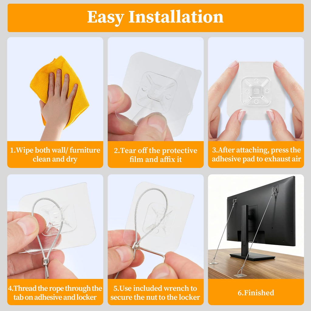 6 Pack Adjustable TV Safety Straps Stainless Steel, No-Drill Adhesive Anti-Tip Furniture Wall Anchors, Secure Flat