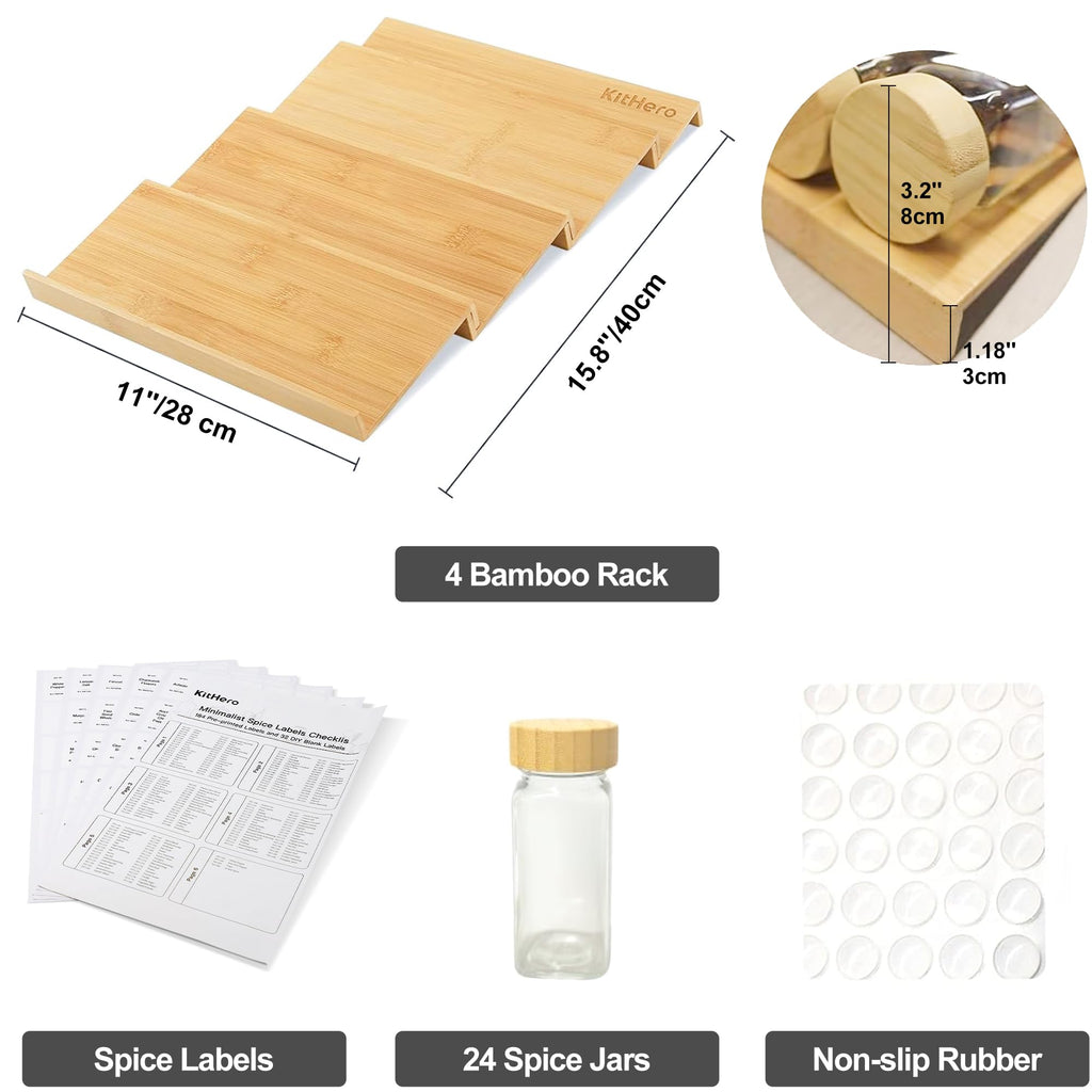 Spice Drawer Organizer with 24 Bamboo-lidded Spice Jars,216 Labels,25 Non-slip Rubber, Bamboo 4 Tier Seasoning Rack