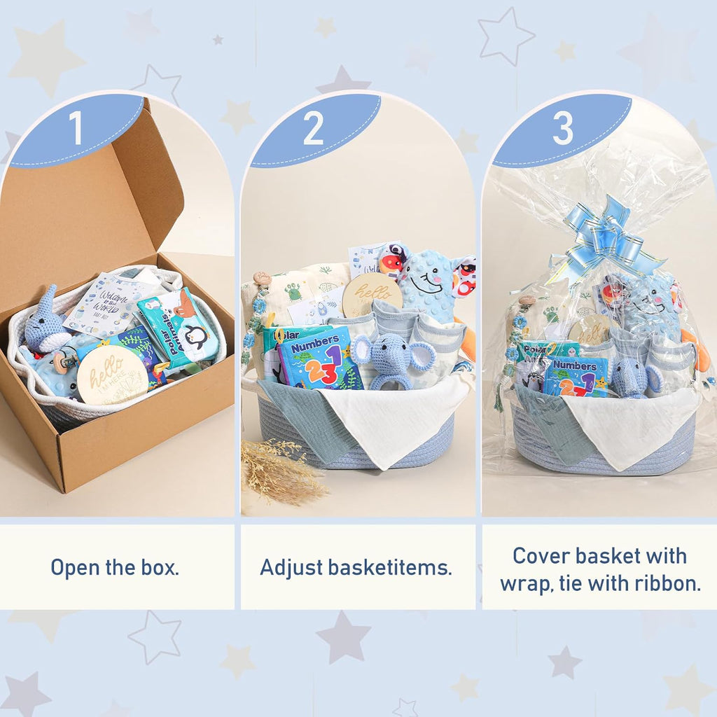 Baby Boy Gifts Basket,Newborn Baby Gifts for Boys,Baby Shower Gift for Baby Boy with Blanket Onesies Toys,Gender