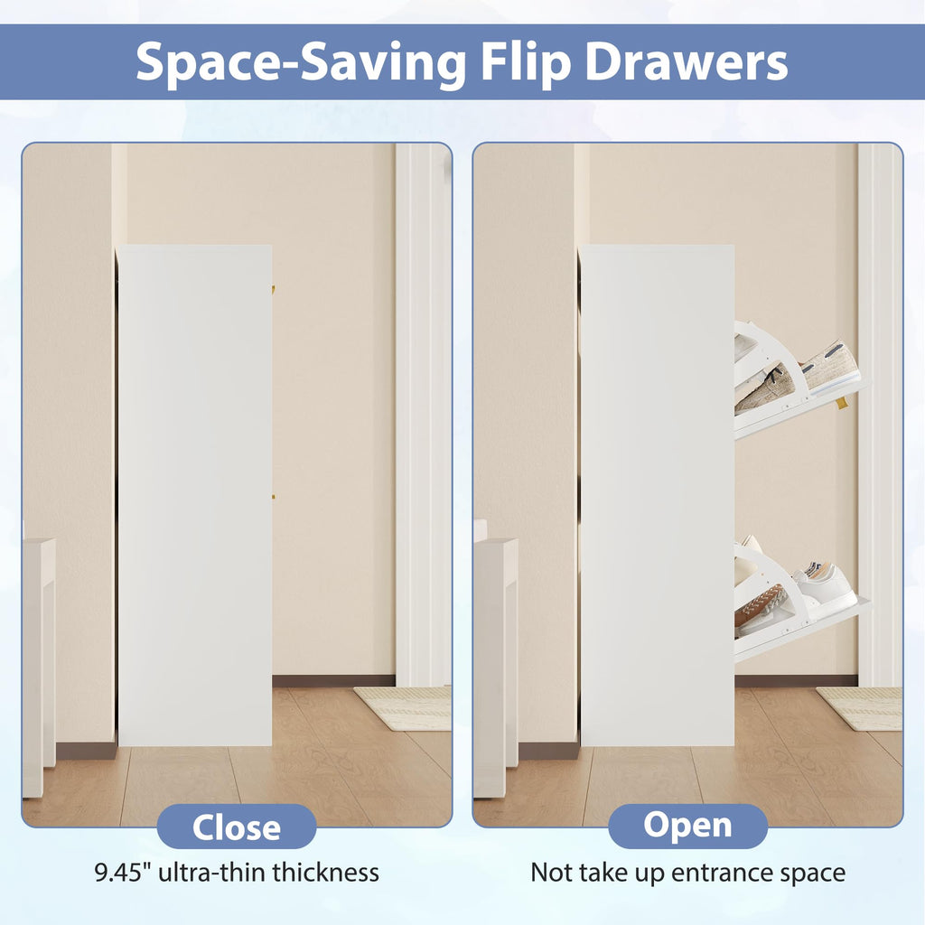 Shoe Cabinet Storage with 2 Flip Drawers and Closed Base, White丨Hidden Shoe Organizer, Freestanding Narrow Shoe