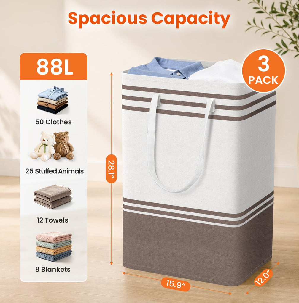 3-Pack Laundry Basket, Laundry Hamper, Khaki-88L