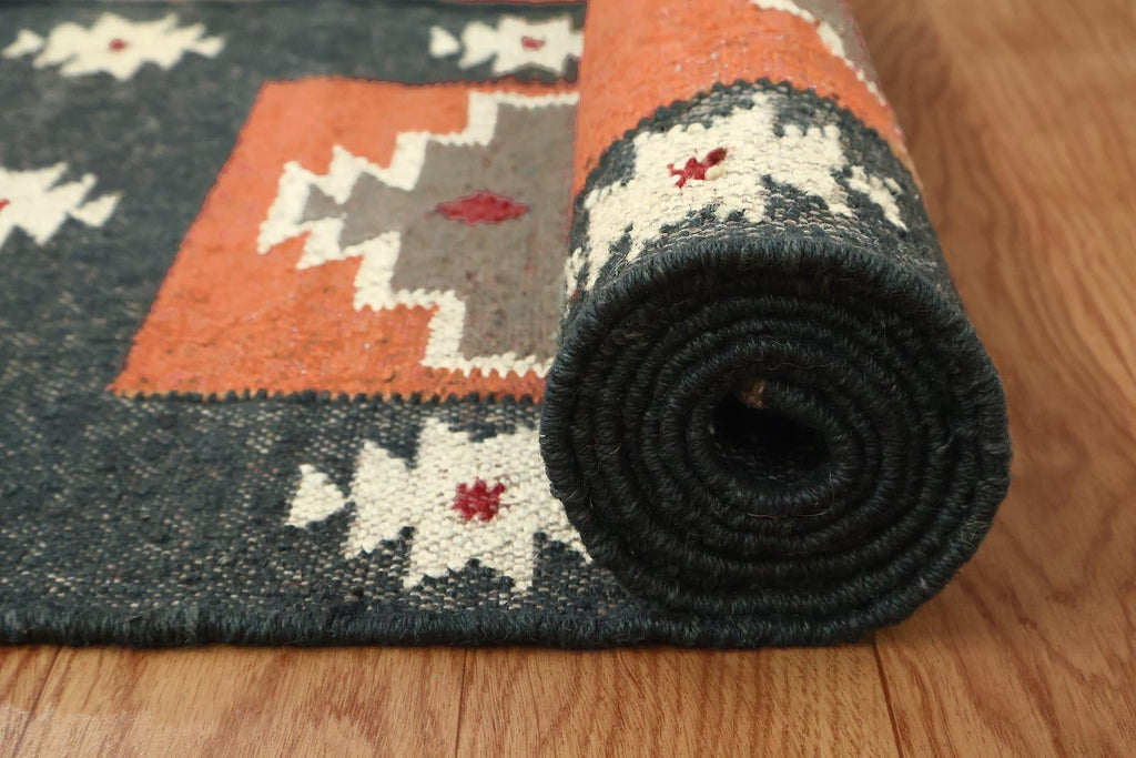 Kilim Runner 2x6 Reversible Southwestern Wool Jute Runner Geometric Design Brown Black Flatweave Carpet Thick 0.19"