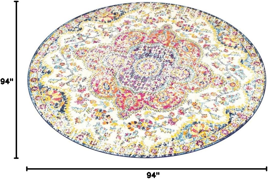 Area Rugs - 8ft Round Romaine Vintage Boho Fuchsia Mustard Blue Round Area Rug