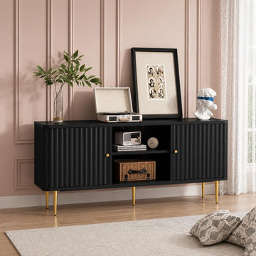 55" Mid Century Modern Fluted TV Stand for TVs up to 65 Inch,Black | Entertainment Center w/ Storage Cabinet & Open