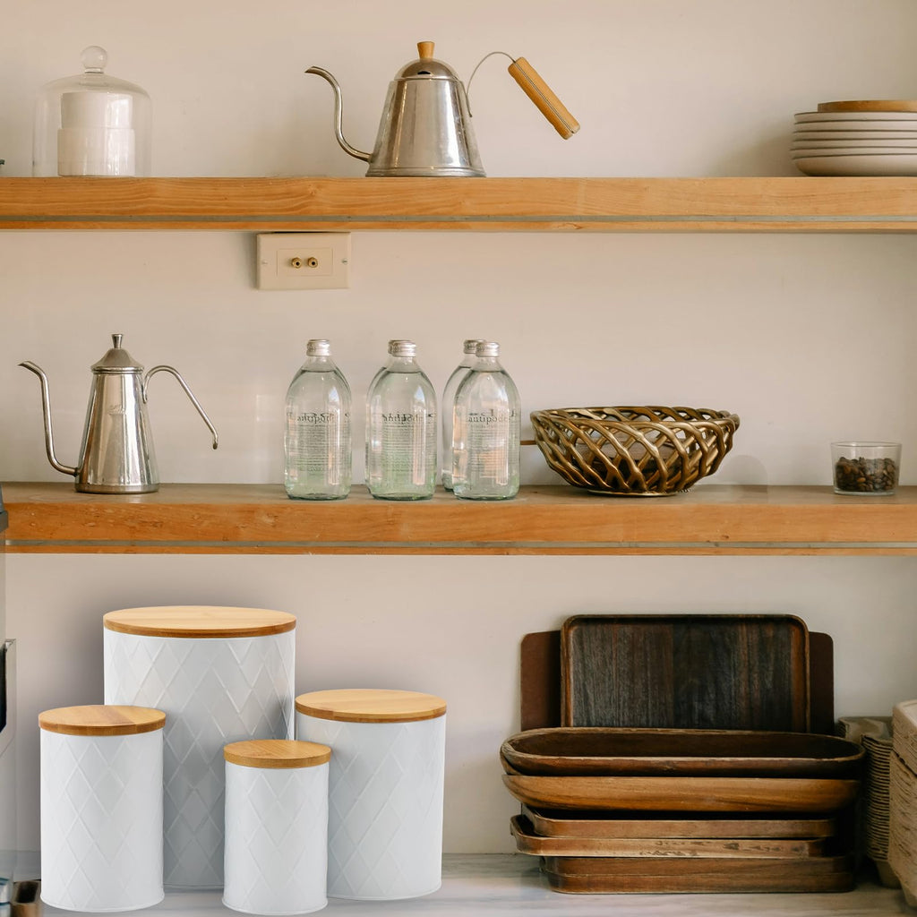 White Kitchen Canisters Set with Bamboo Lids, Airtight Sugar, Flour, Coffee, Cookie Storage Canister Sets Countertop