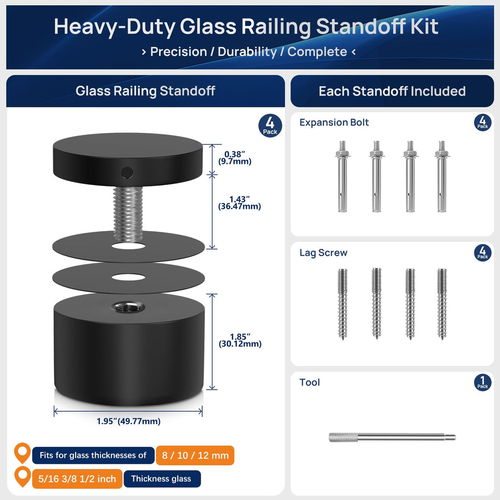 4 Pack Marine Grade SS316 Solid Heavy Duty Glass Railing Standoff