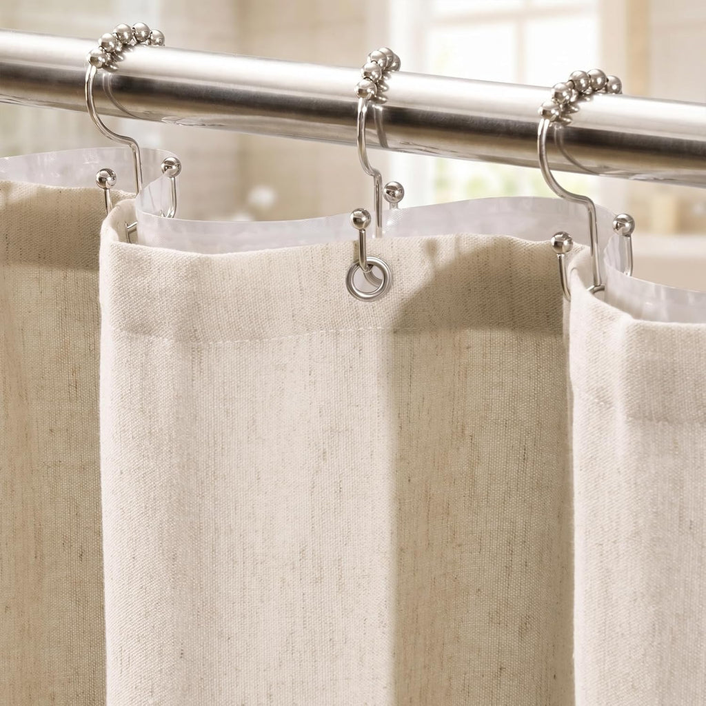 3 in 1 Linen Shower Curtain with Liner and 12 Double Glide Hooks 72 x 72 | Thick linen-poly blend, detachable